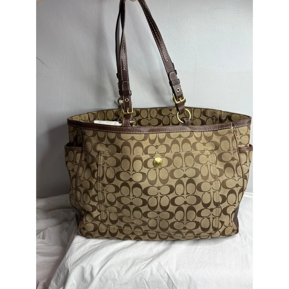 Coach Signature C Monogram Tote Bag Brown Leather Trim Gold Hardware - Picture 1 of 13